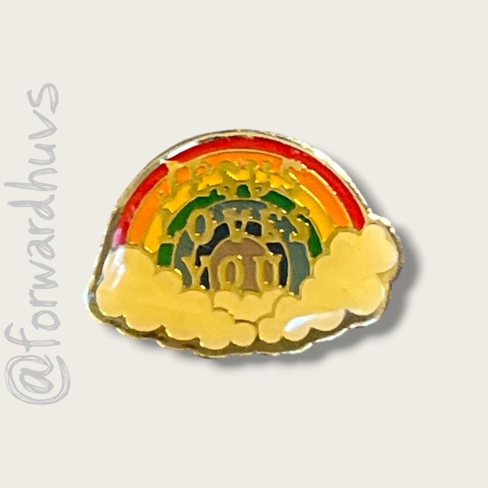 Vintage Enamel Pin – “Jesus Loves You” Rainbow and Clouds – 1″
